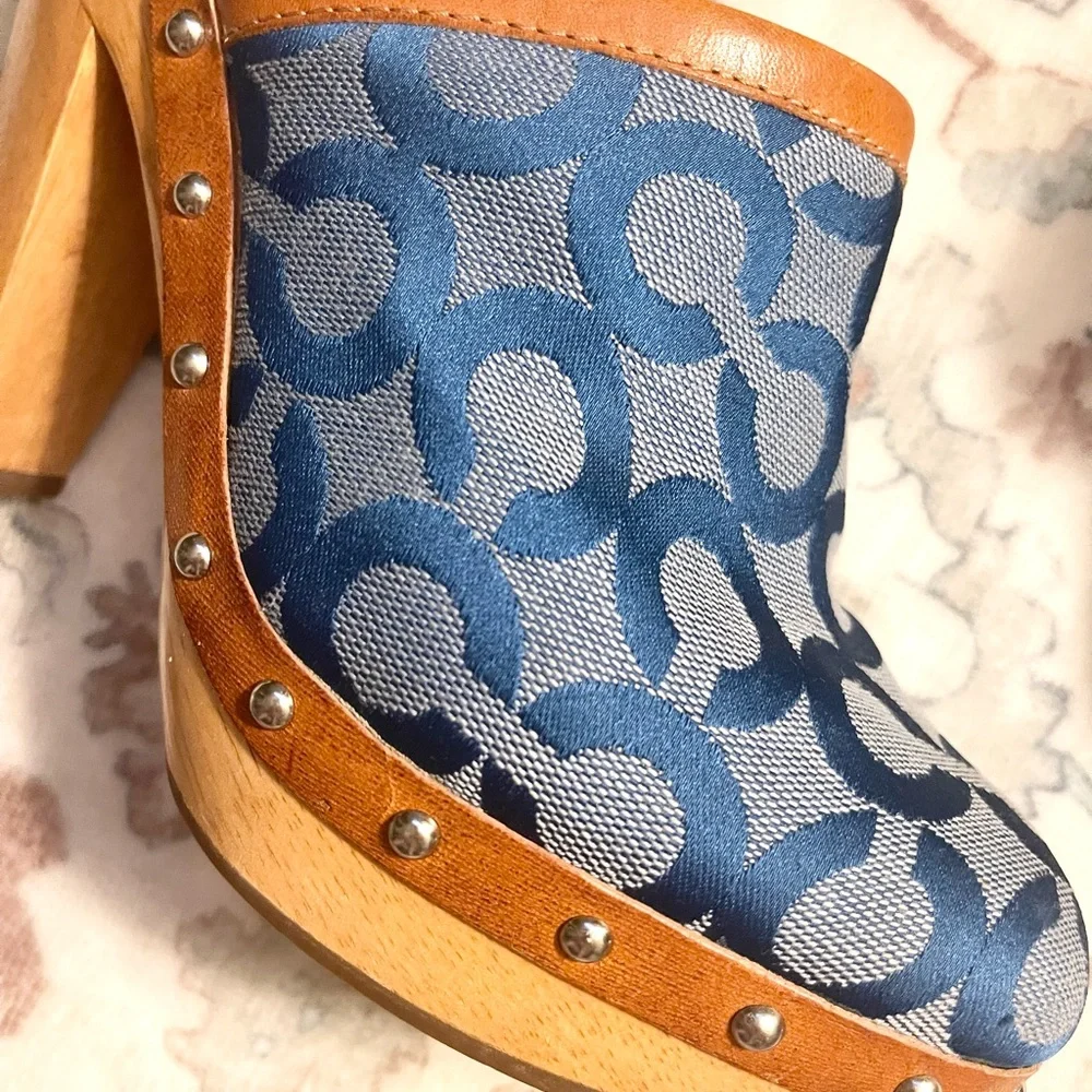 Coach Heels Bacall Wooden Clog Blue and Tan Mules in very good condition! - Picture 3 of 7